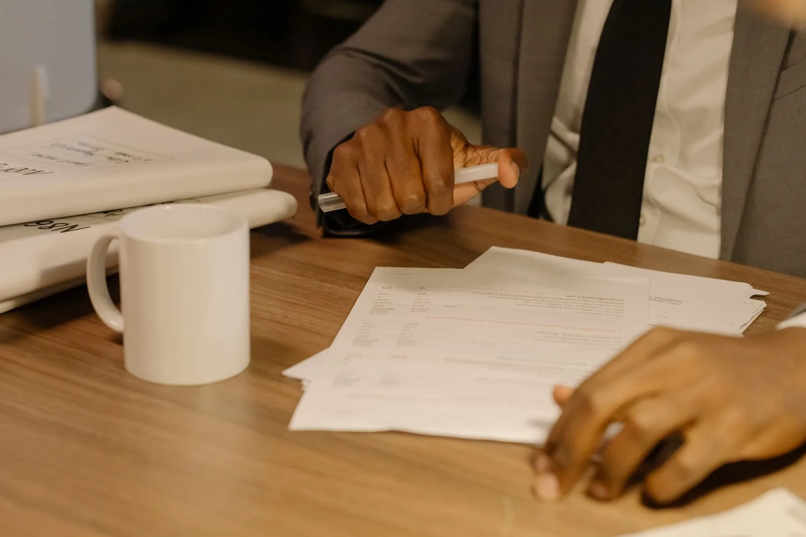 Professional reviewing policy framework and capability documents at desk